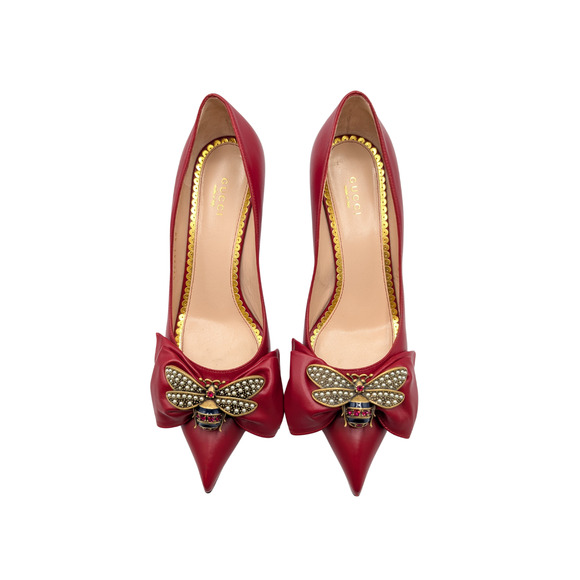 Gucci Red Leather Pearl Bee Bow Pumps Size 40 - Picture 2 of 10